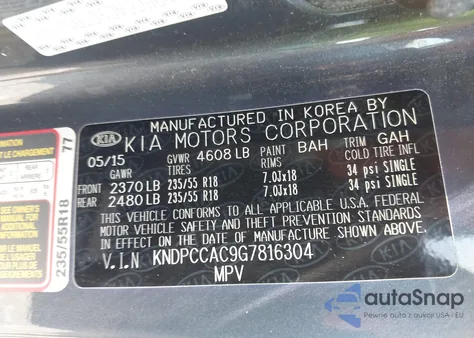 2016 Kia Sportage Ex из США, поврежденный, VIN KNDPCCAC9G7816304